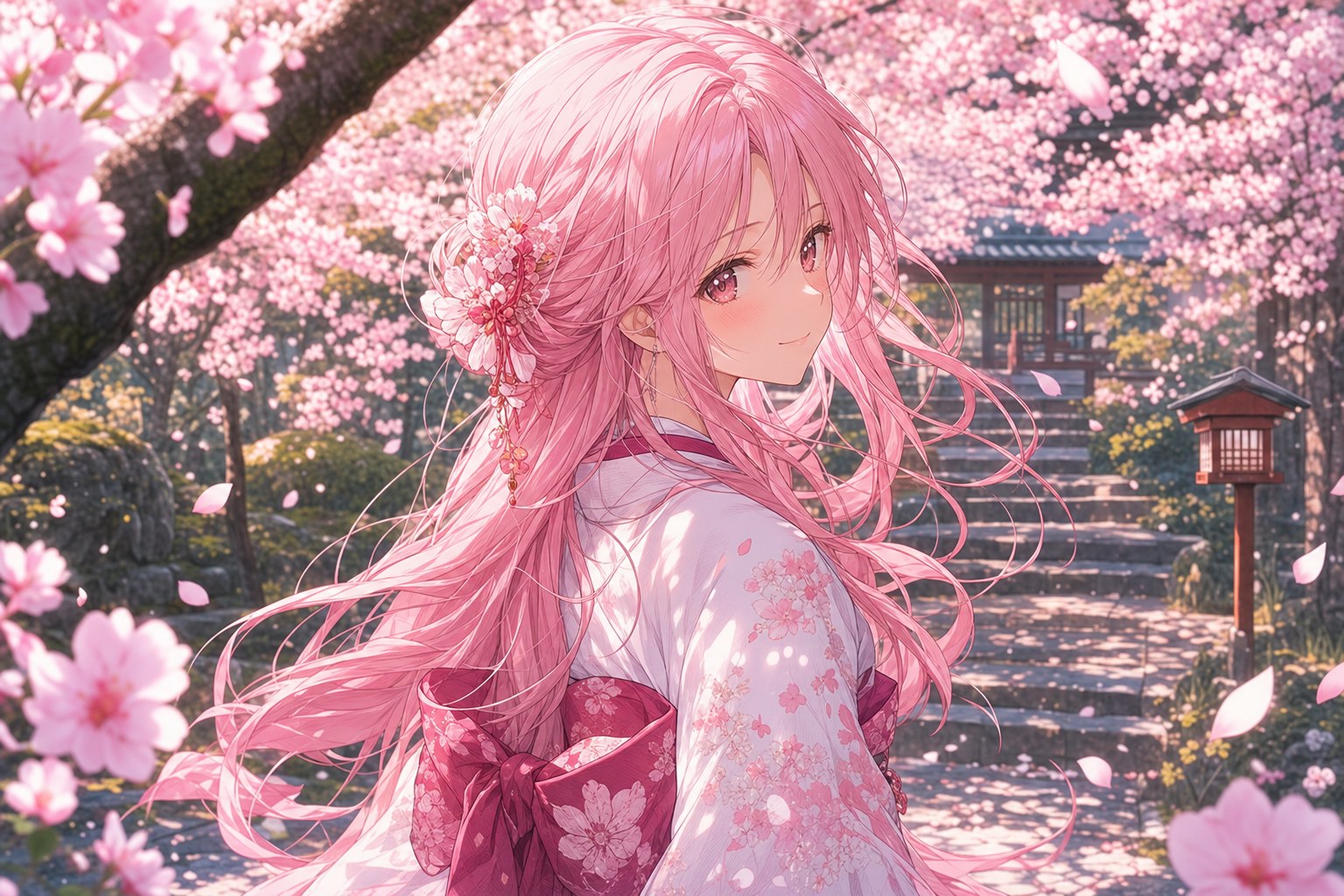 Cherry blossom garden with a lone figure, anime key visual