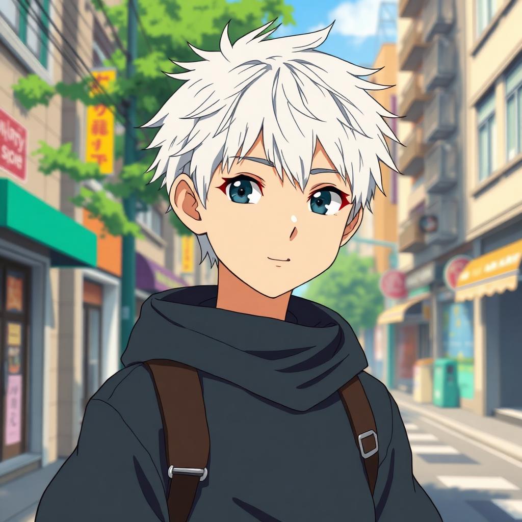 Anime boy with silver hair on a cel-shaded street
