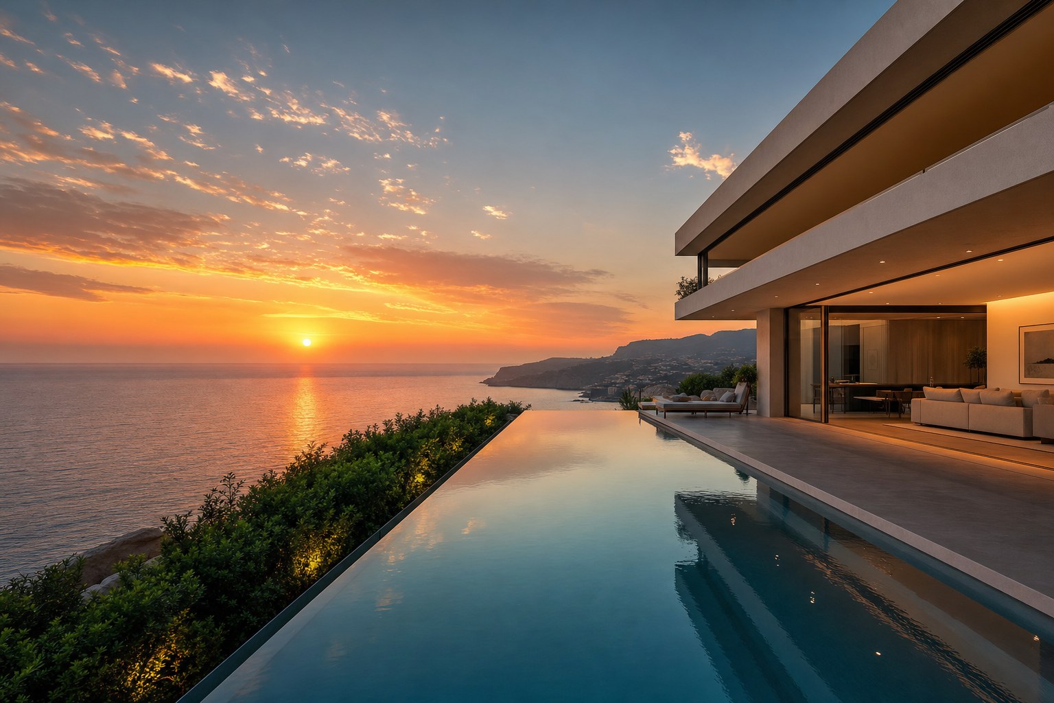 Minimalist villa with infinity pool at dusk