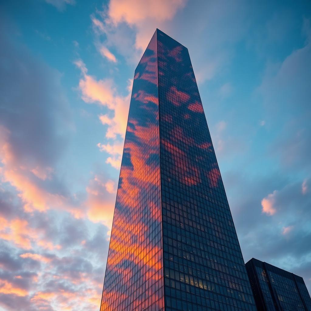 Glass skyscraper reflecting a sunset sky