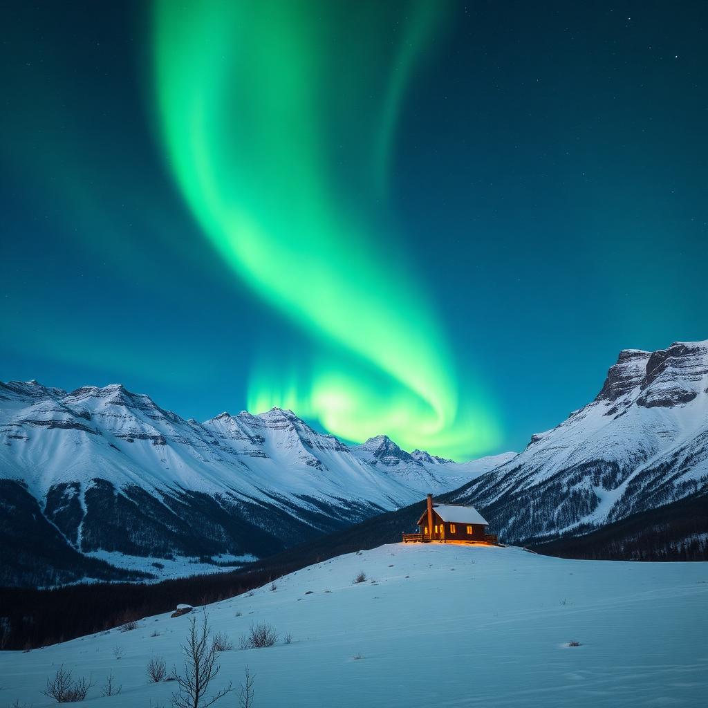 Aurora borealis over a lone mountain cabin
