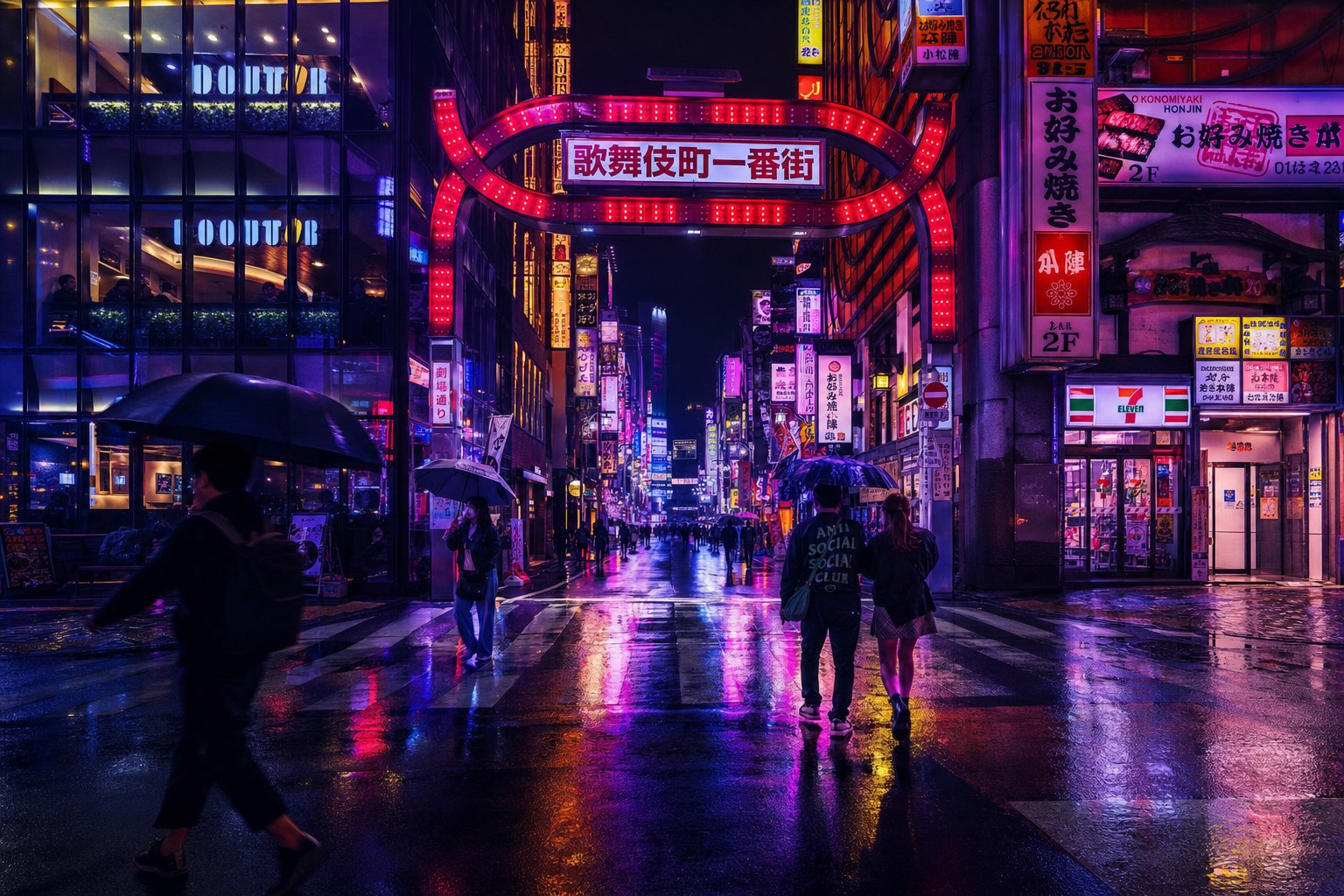 Neon Tokyo street in the rain, cyberpunk color grade