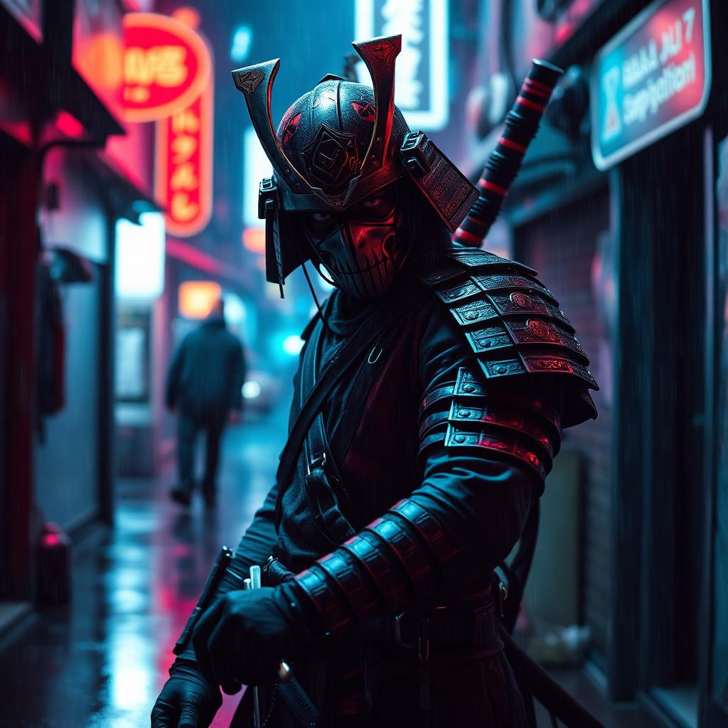 Cyberpunk samurai in a neon rain-soaked alley