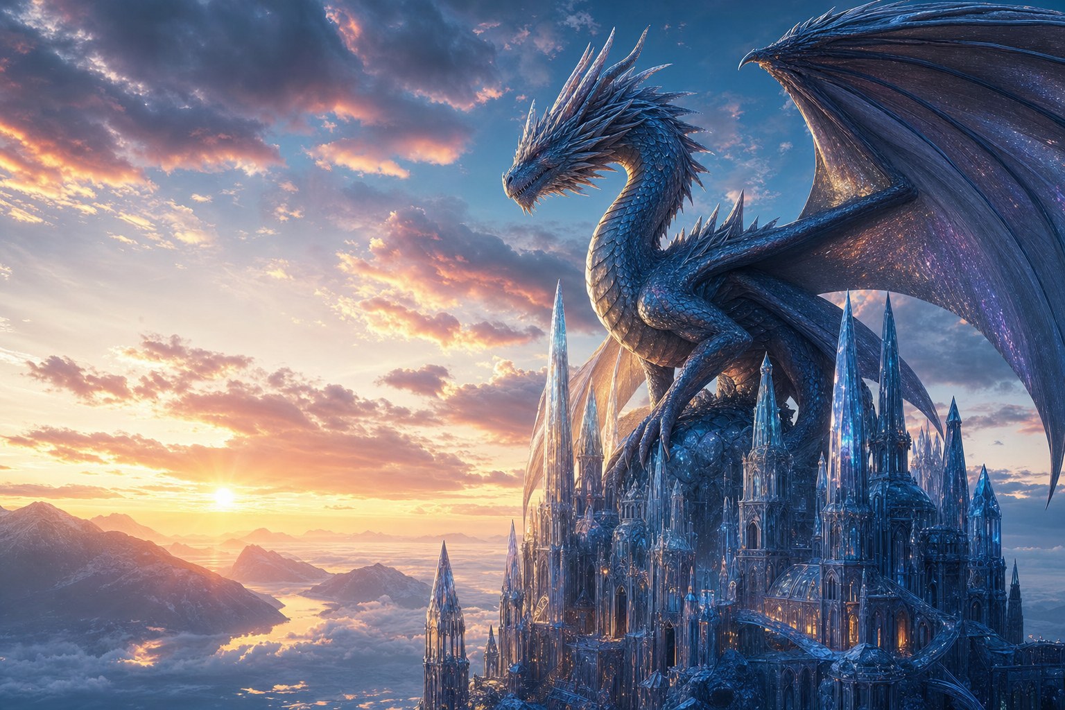 Dragon perched on a crystal castle at dawn