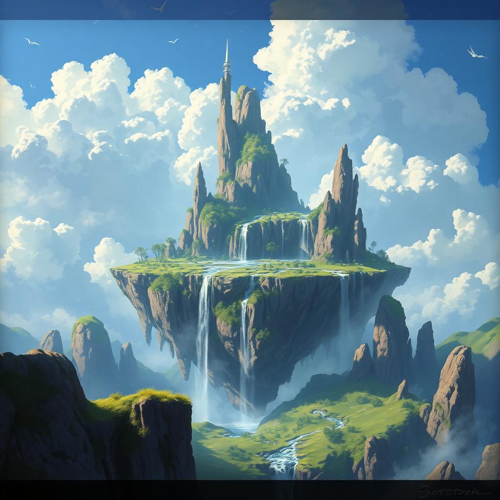 Floating islands with waterfalls in the clouds