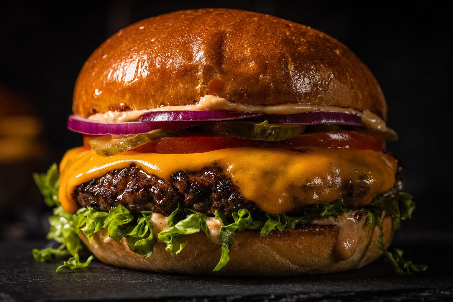 Gourmet cheeseburger, moody restaurant lighting