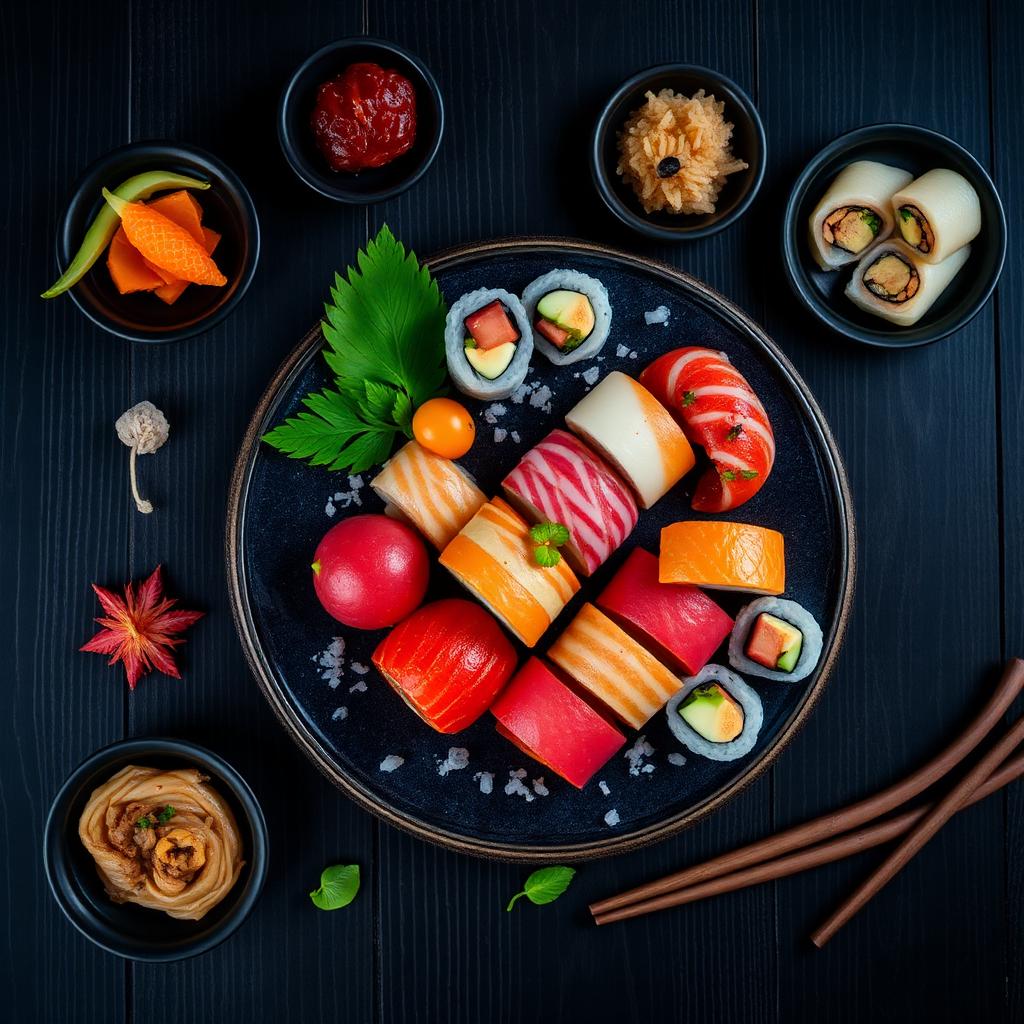 Overhead sushi platter on dark wood, editorial