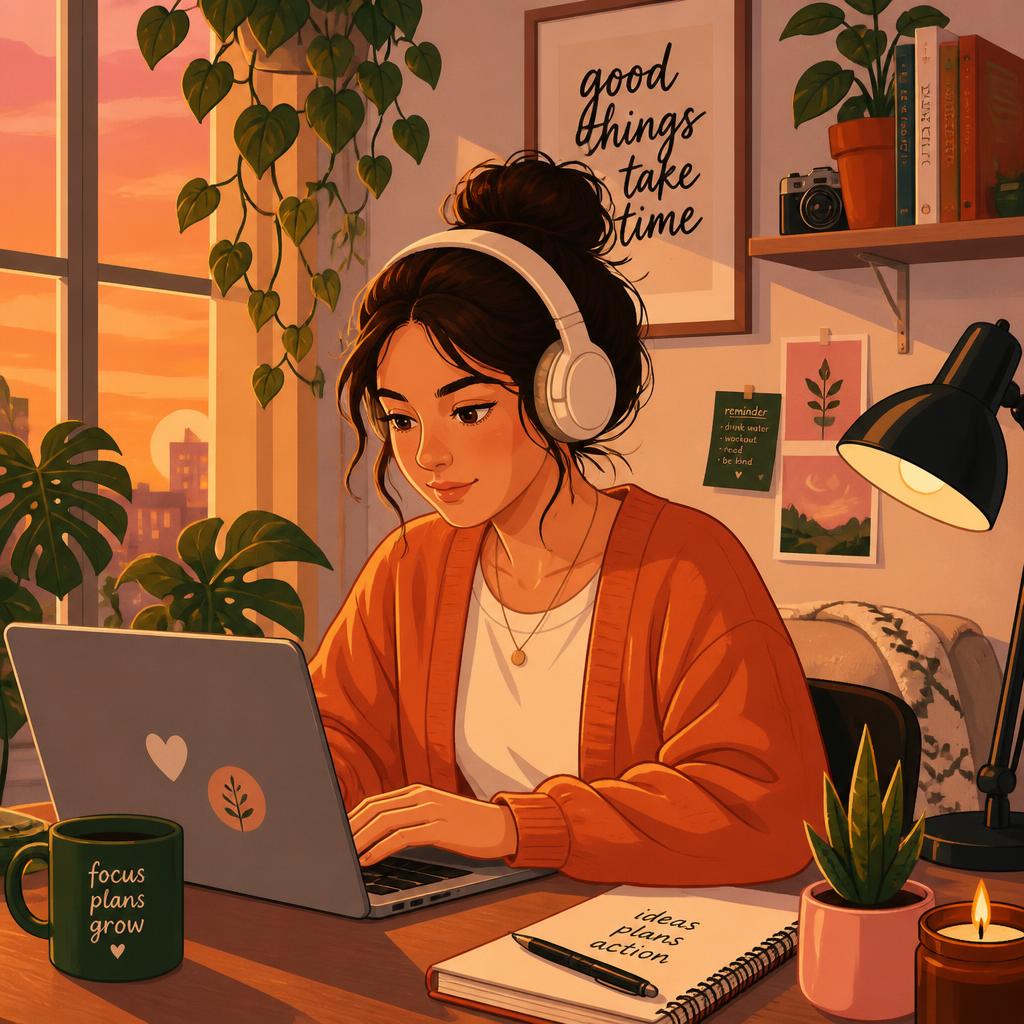 Cozy illustration of remote work from a mountain cabin