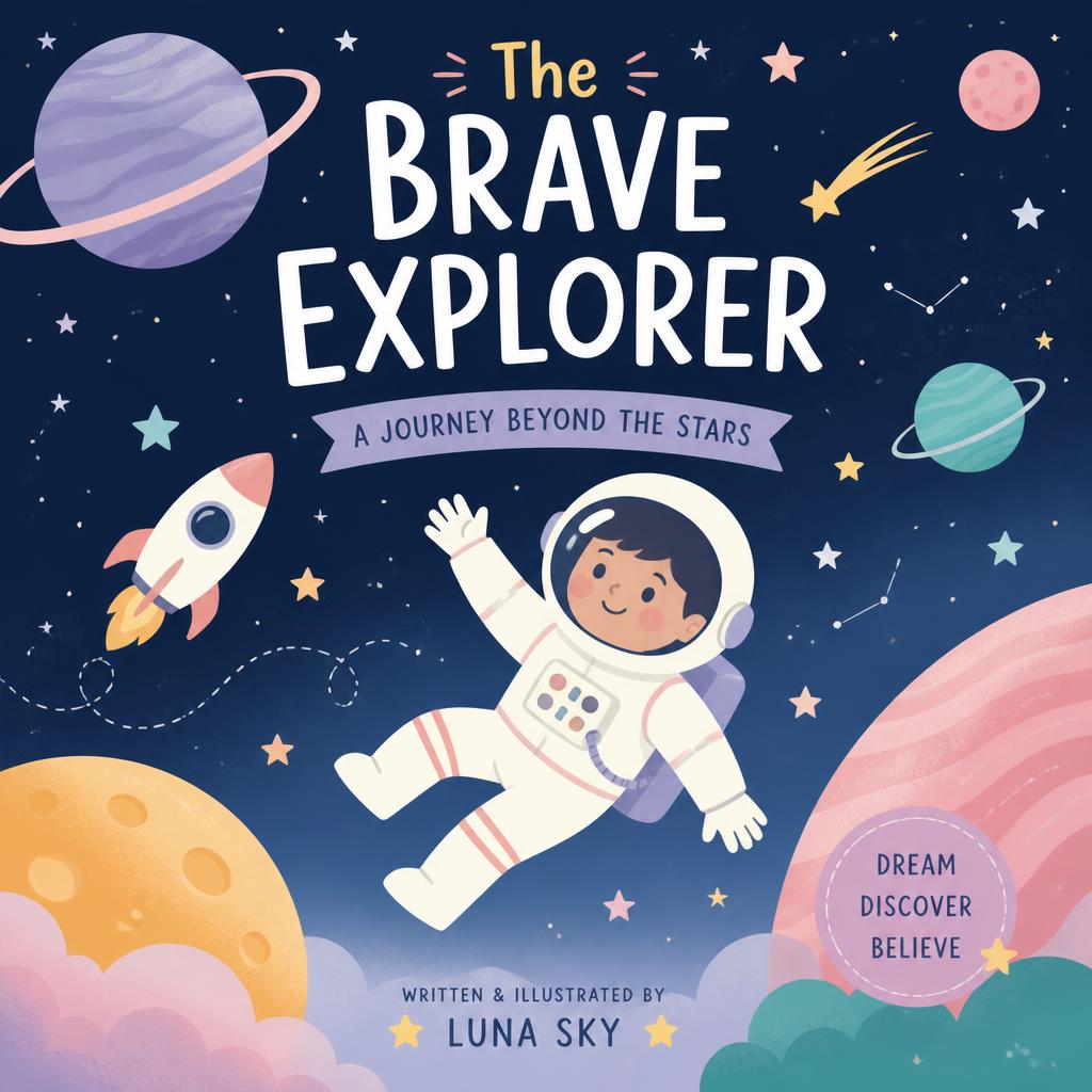 Whimsical astronaut illustration, pastel storybook cover