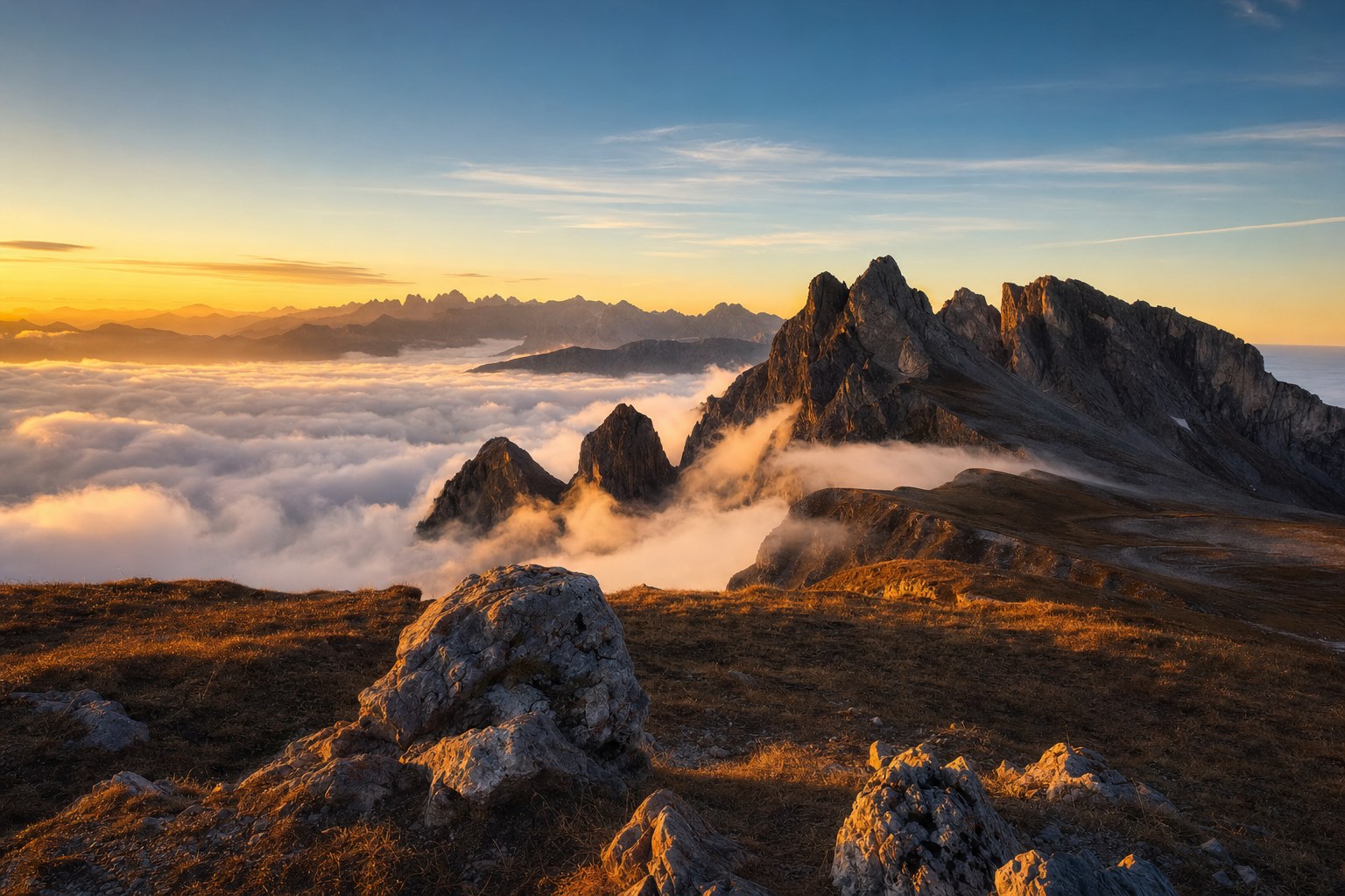 Golden hour mountain peaks above a sea of clouds