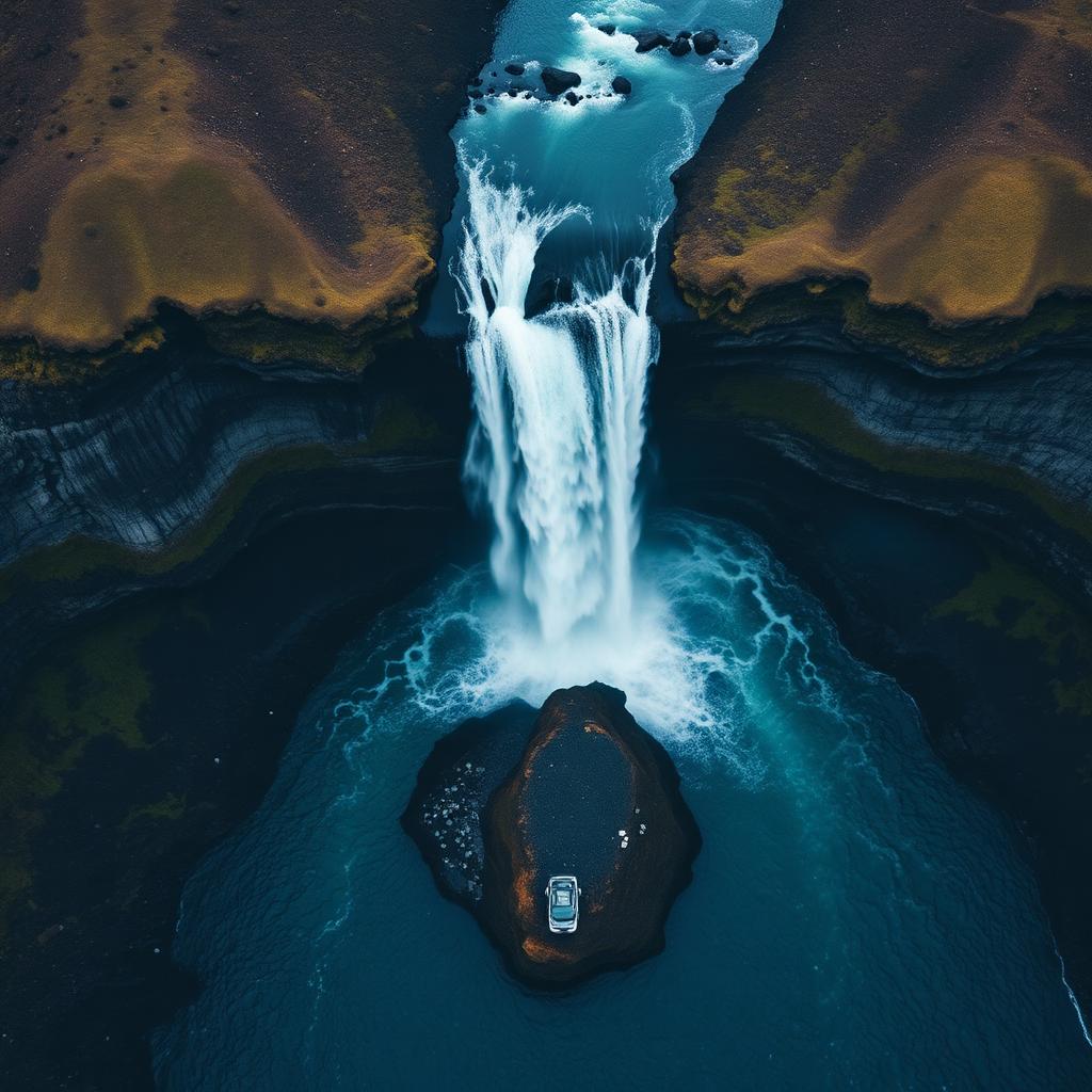 Icelandic waterfall from above, cinematic drone shot