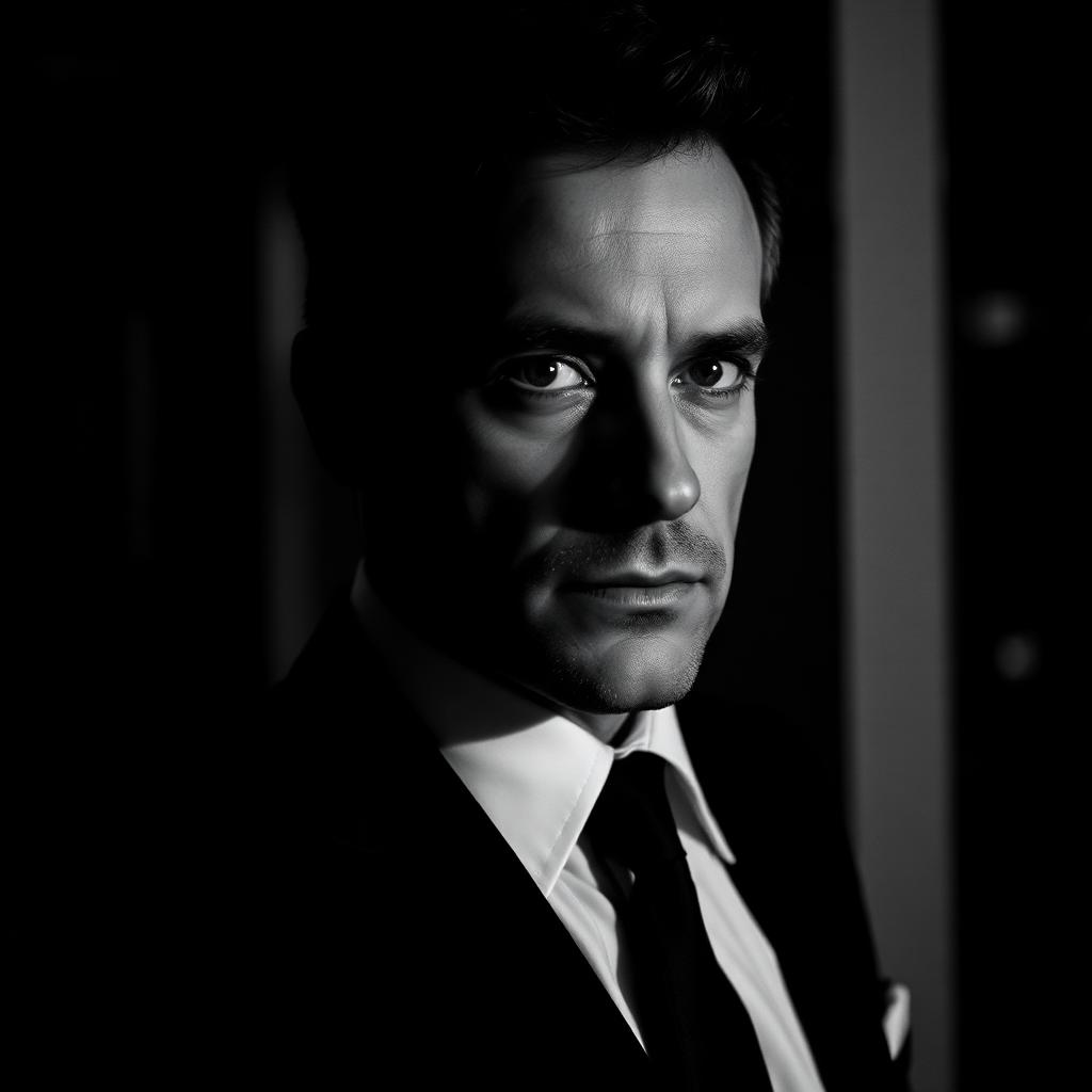 Black-and-white film noir portrait, high-contrast lighting