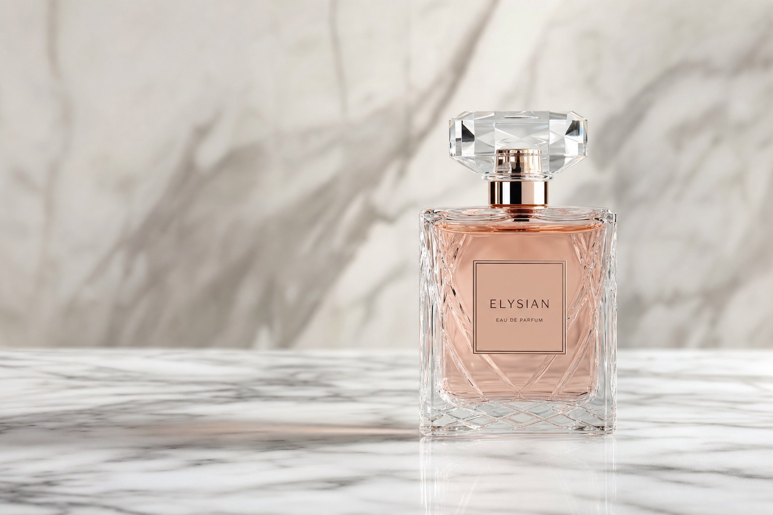 Luxury perfume bottle on white marble, editorial product shot