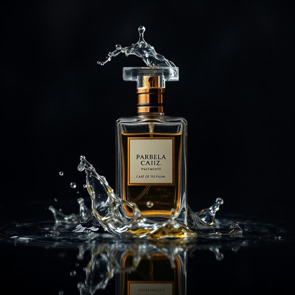 Perfume bottle with water splash on black background