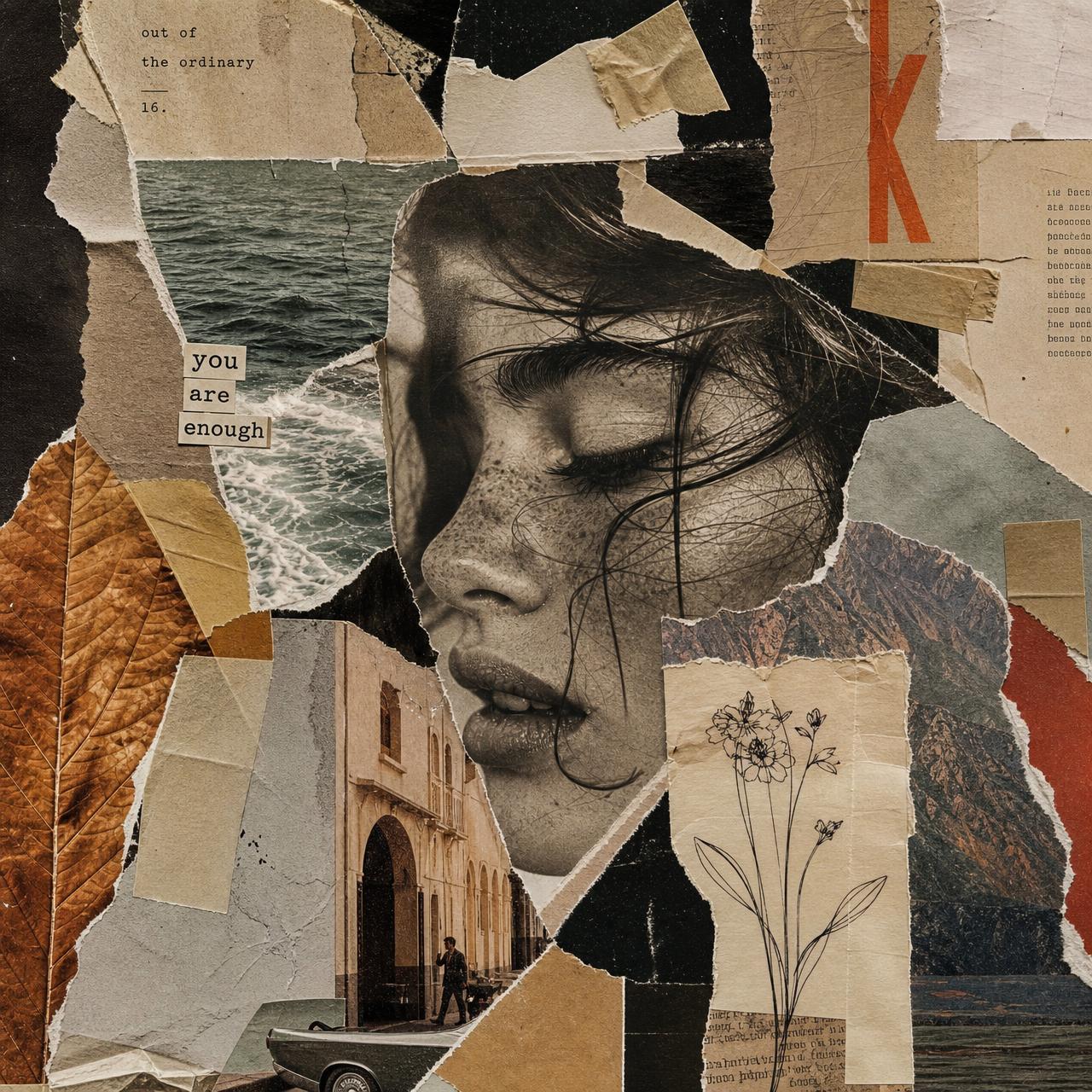 Handcrafted analog paper collage, torn magazine cutouts, halftone dots, coffee stains — anti-AI zine aesthetic