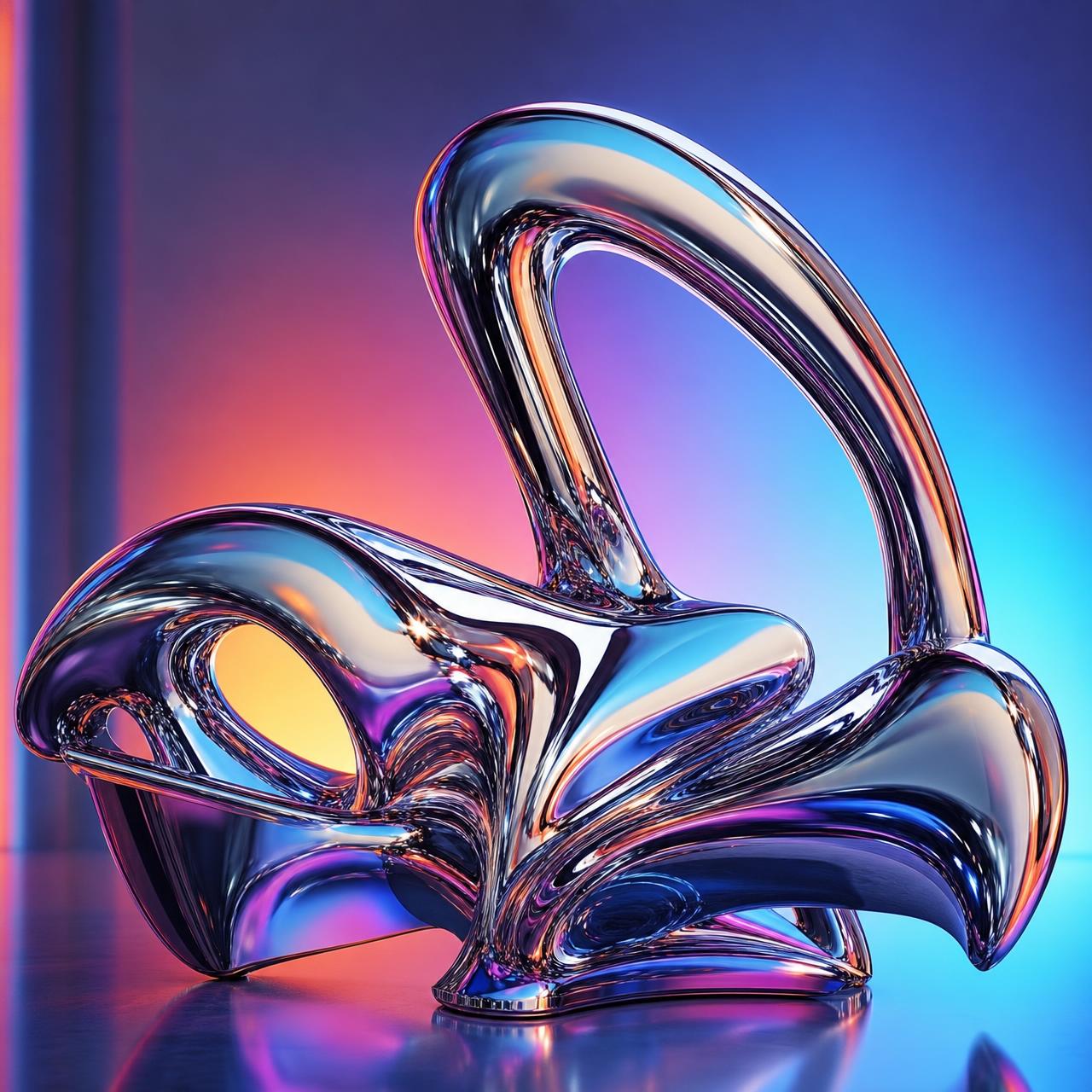 Liquid chrome 3D typography sculpture, iridescent oil-slick reflections, editorial studio lighting