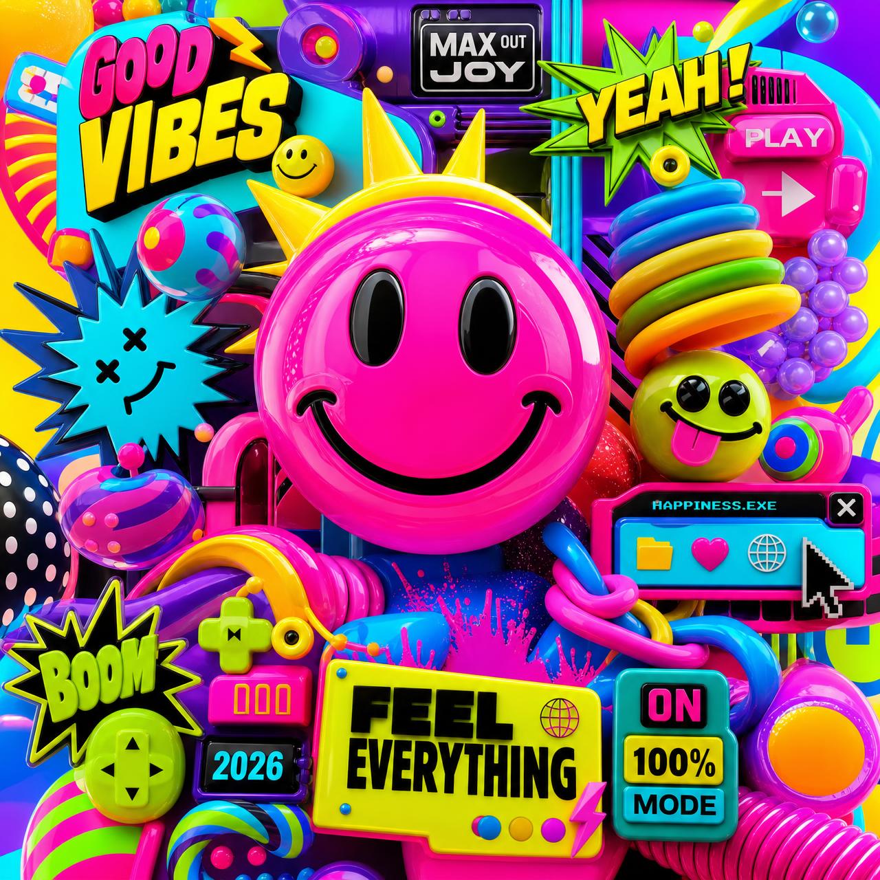 Dopamine maximalist color-block poster, hot pink, tangerine, electric lime and cobalt, playful bubble type