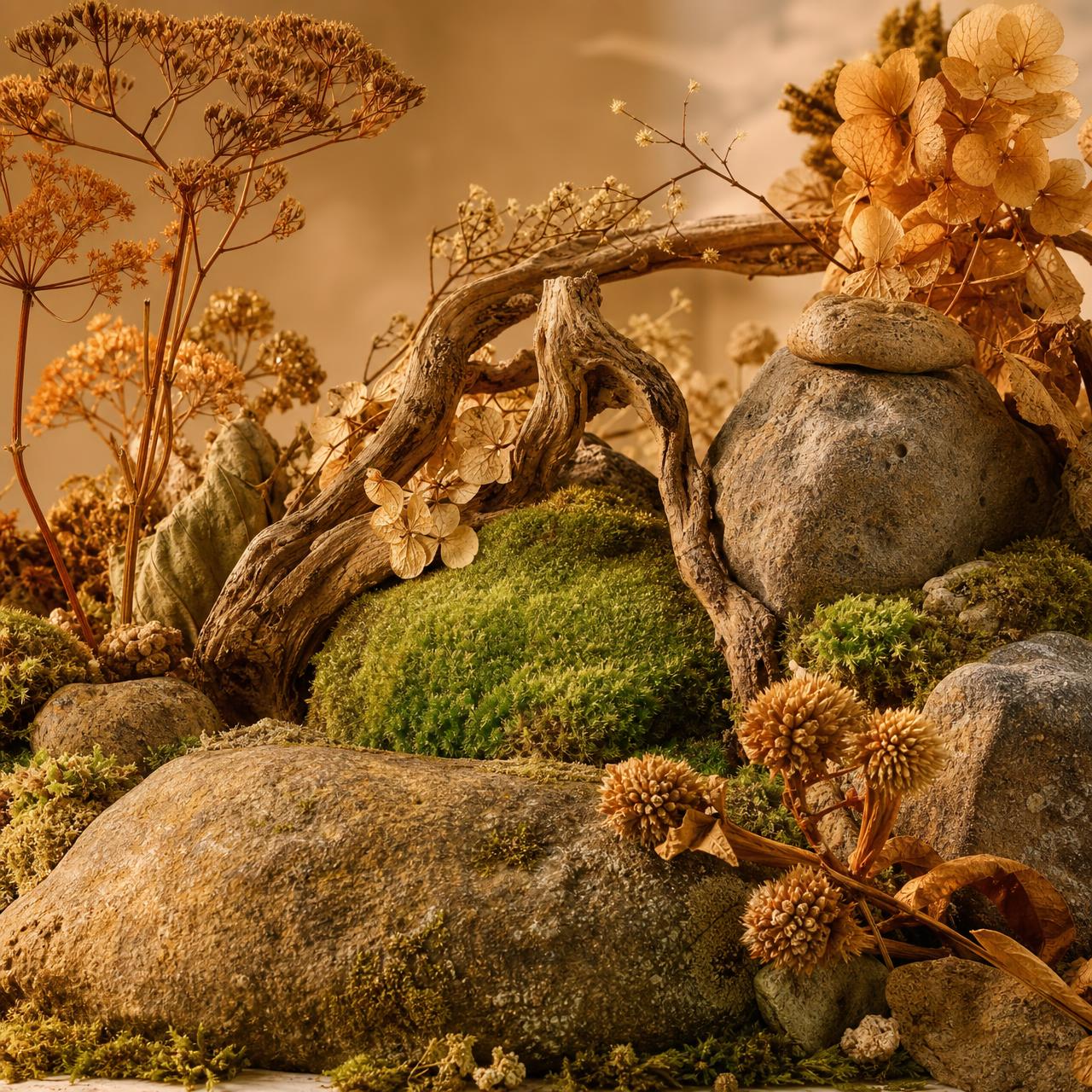 Organic naturalism, macro dew-covered mushroom cluster on moss, morning god-rays, cottagecore evolved