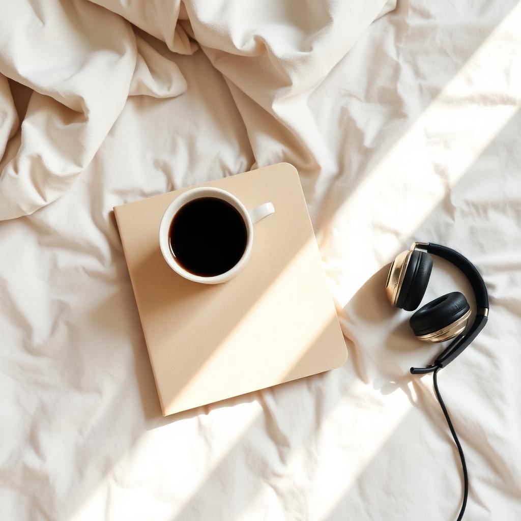 Aesthetic flatlay on beige linen, product + coffee + notebook