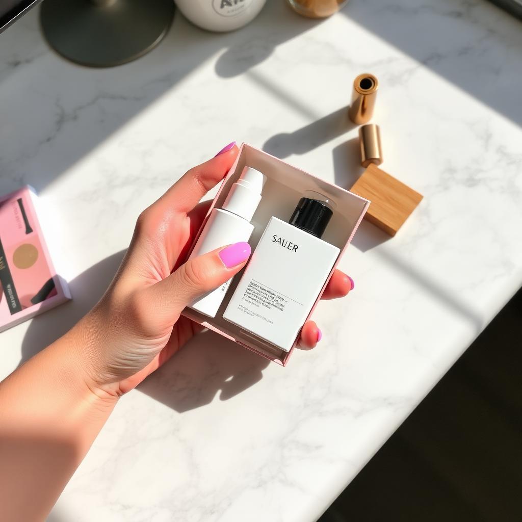 Unboxing shot on marble surface, minimal packaging