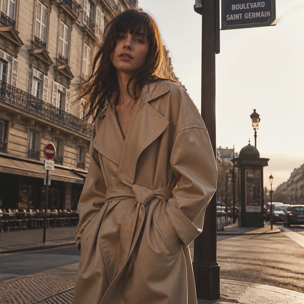 Woman in beige trench on a Parisian street at golden hour, cinematic 35mm