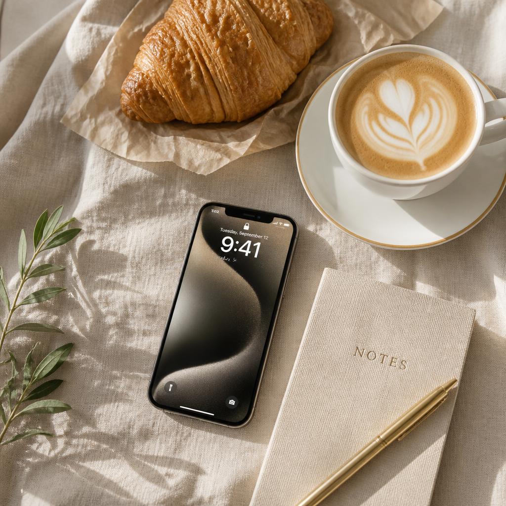Cozy morning flatlay on linen — iPhone, latte, notebook, natural window light