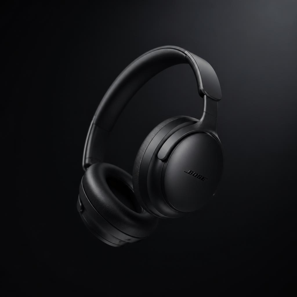 Matte black wireless headphones floating on deep charcoal, luxury tech hero