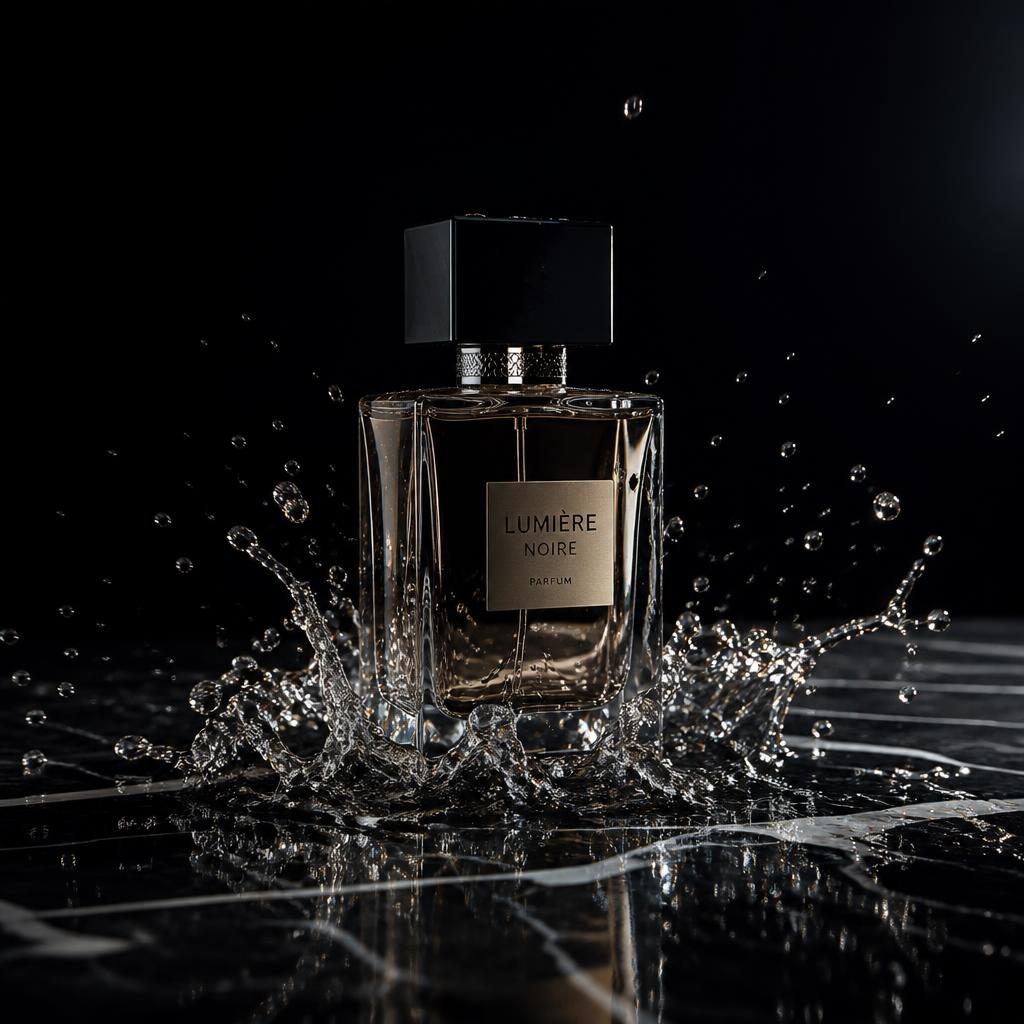 Luxury perfume on wet black marble, water splash frozen mid-air, commercial hero