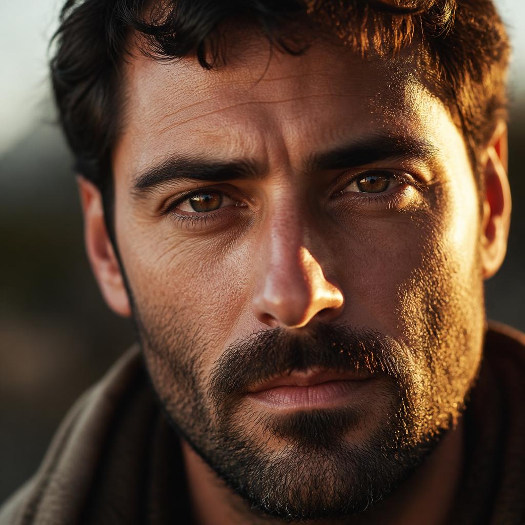 Close-up of a bearded man at golden hour, natural skin micro-detail, National Geographic quality
