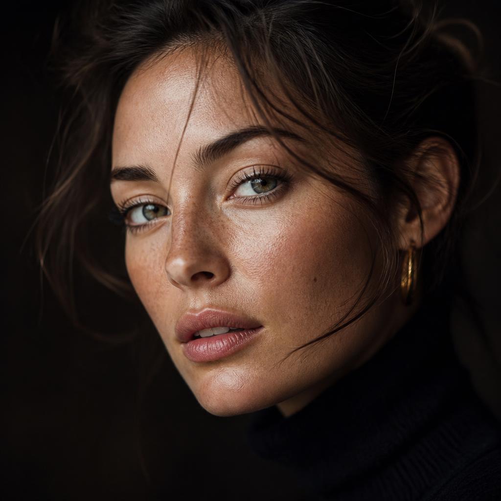 Editorial fashion portrait, natural skin texture with visible pores, cinematic window light, 85mm magazine cover