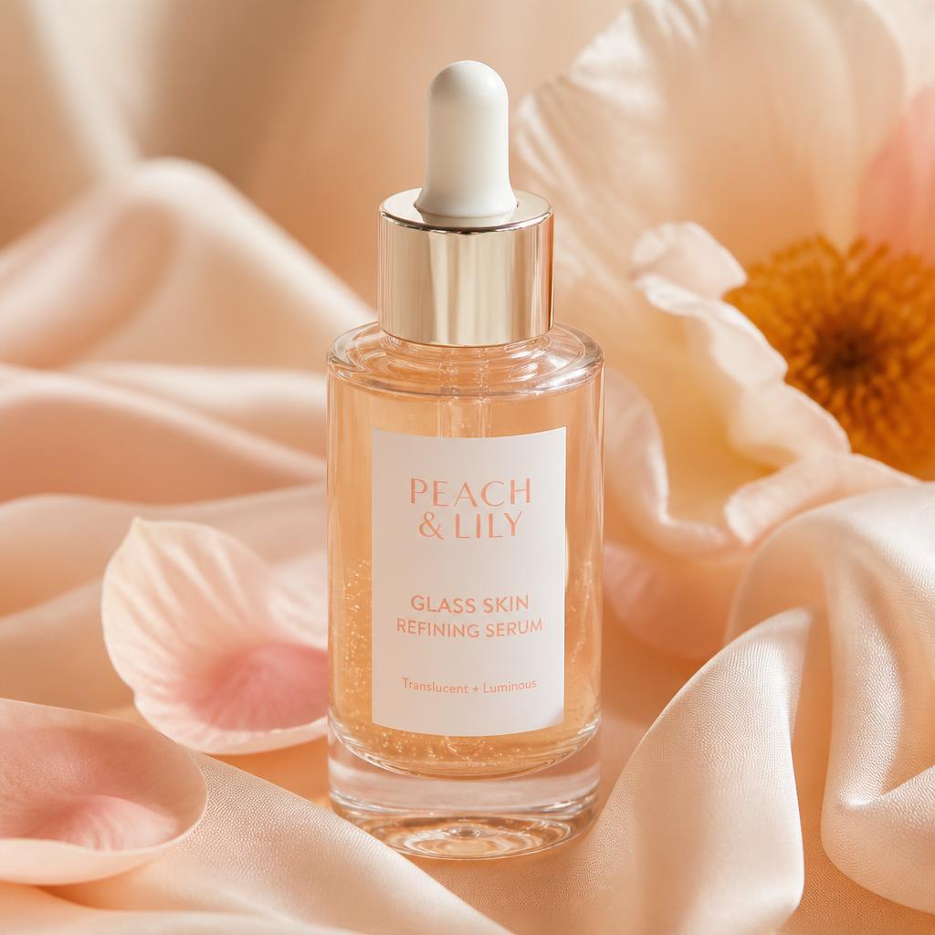 Glass dropper serum on peach silk with soft petals, dreamy diffused light