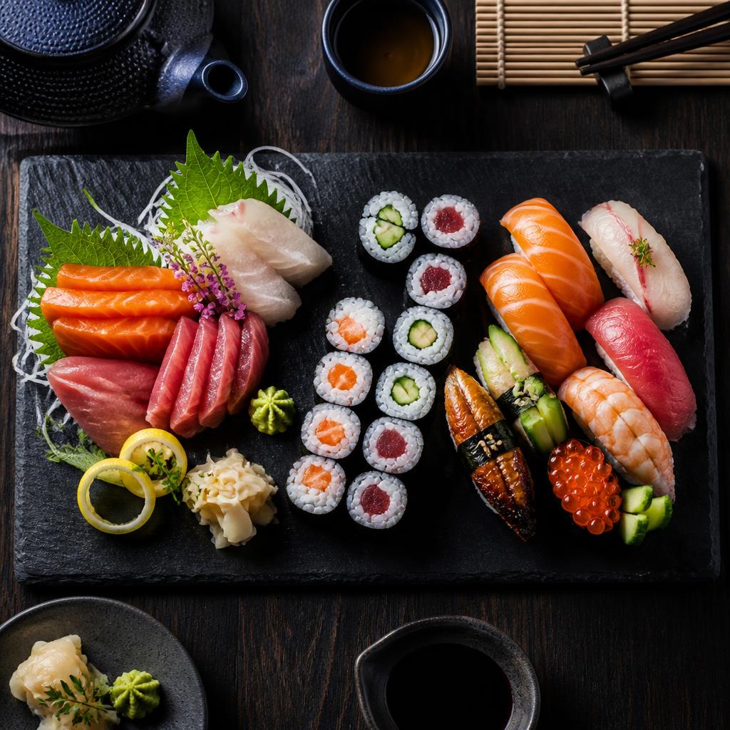 Overhead premium sushi platter on dark wood, editorial food photography