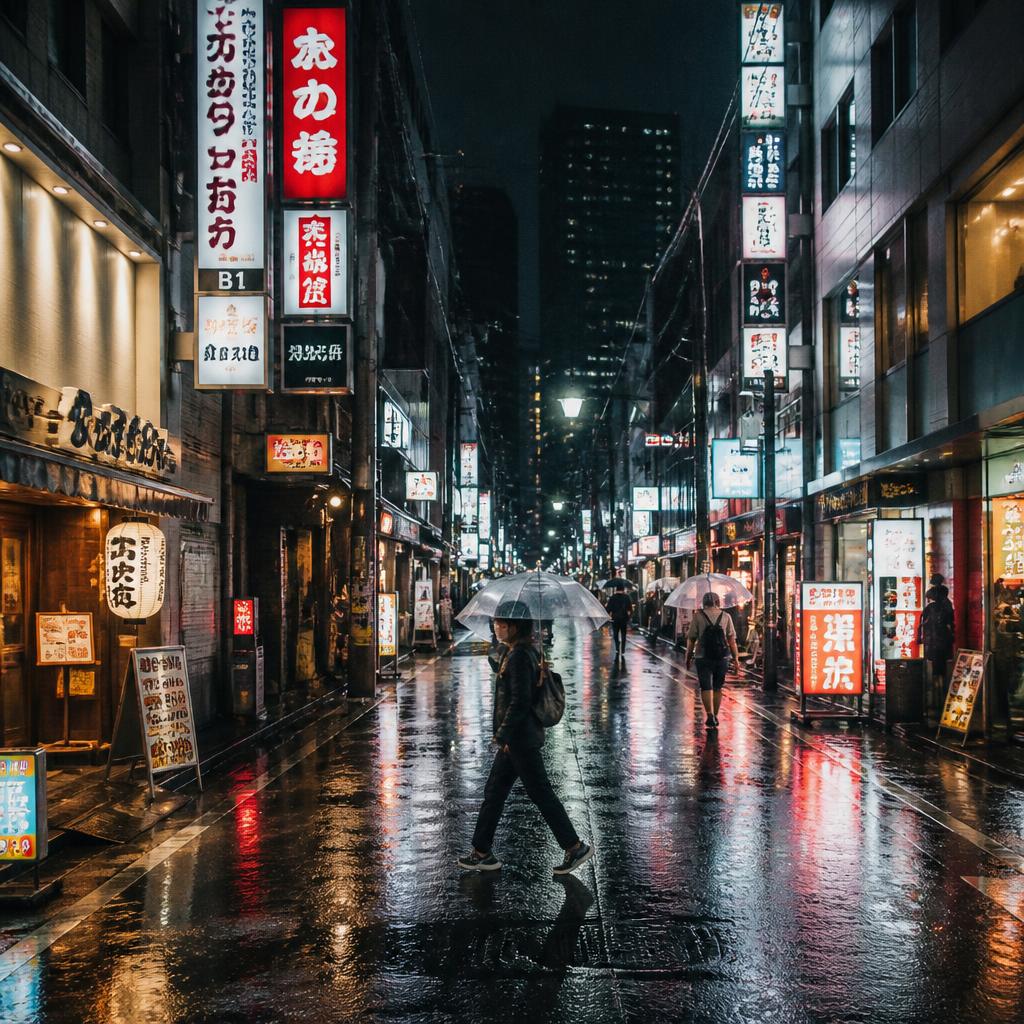 Cinematic Tokyo street at night in the rain, neon reflections on wet asphalt, 35mm film grain
