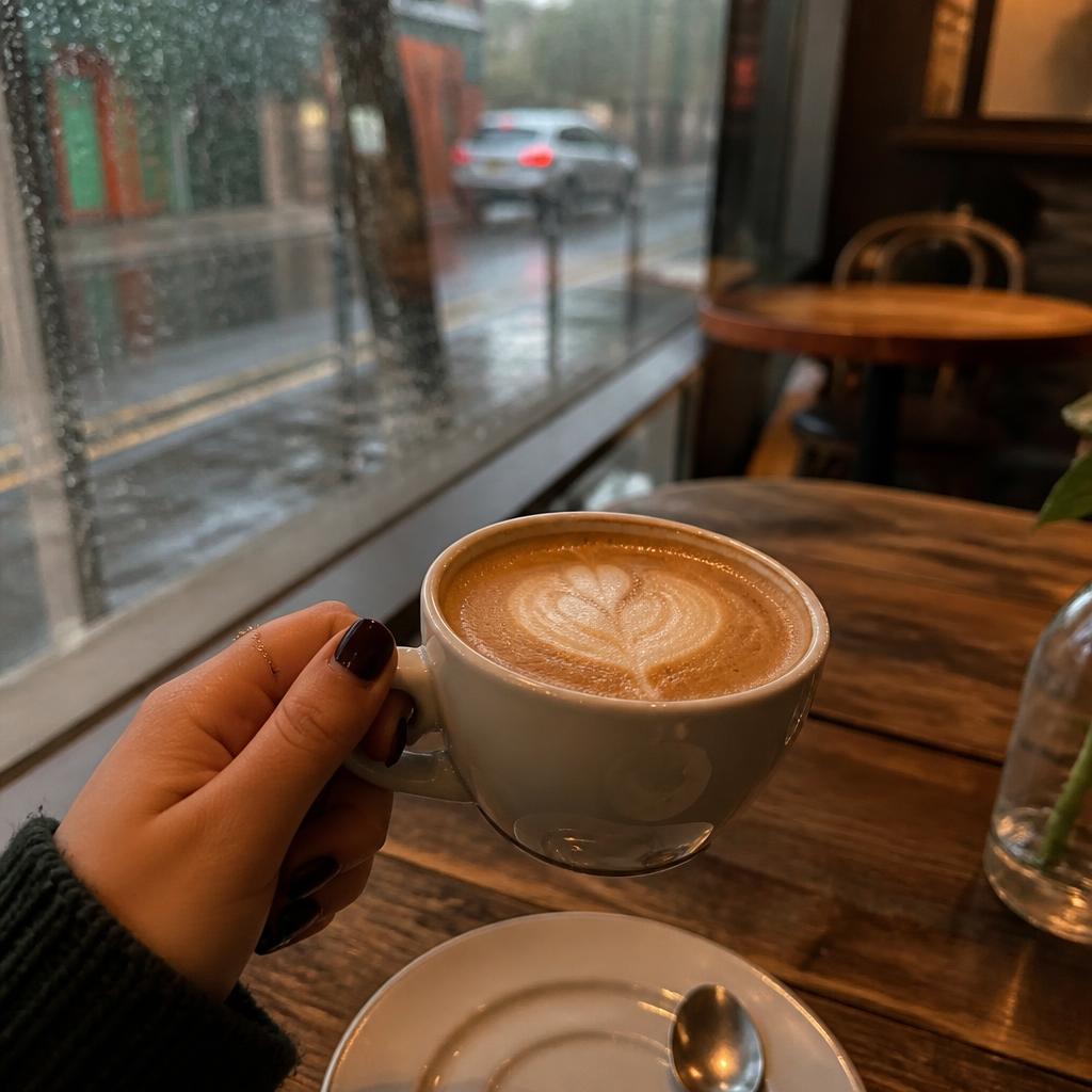 Handheld iPhone shot of a latte with a rainy window, warm cozy tones