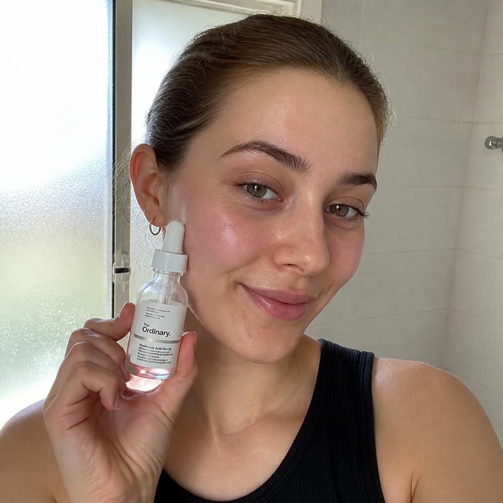 Authentic influencer selfie holding skincare serum, natural imperfect skin, bathroom light