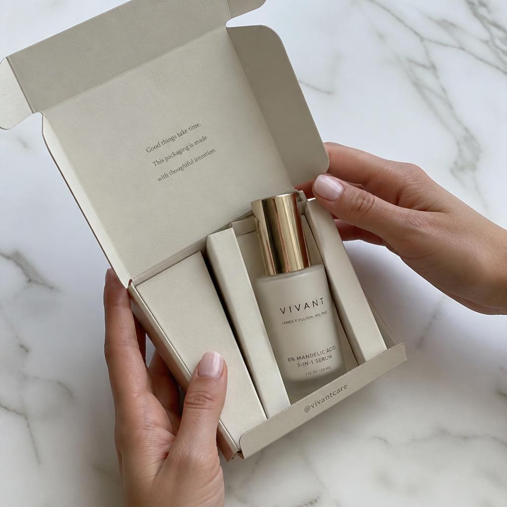 Hands opening a minimalist cream package on white marble, top-down iPhone
