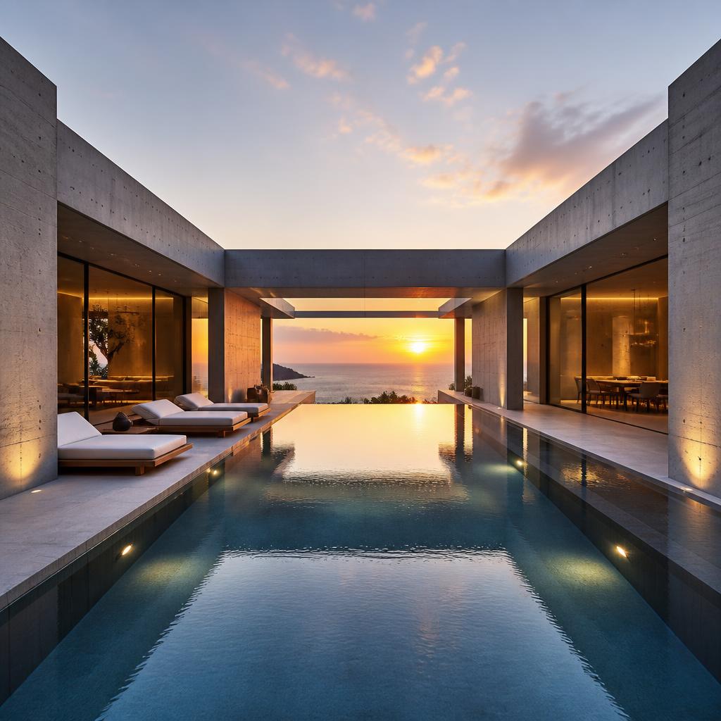 Minimalist concrete villa with infinity pool at sunset, luxury real estate