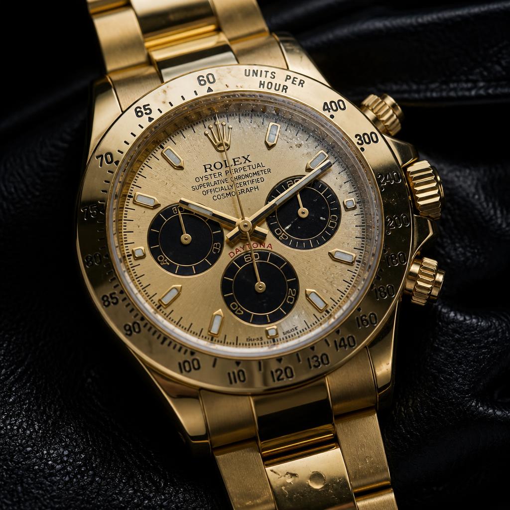 Macro luxury gold watch on black leather, dramatic side light, condensation on crystal