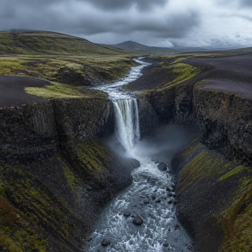 Aerial drone shot of an Icelandic waterfall through black volcanic rock, moody overcast